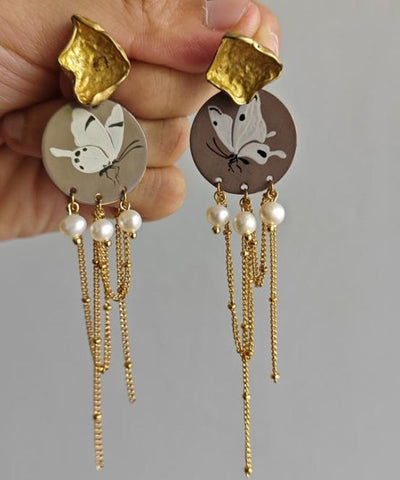 Original Design Gold Sterling Silver Overgild Pearl Butterfly Tassel Drop Earrings Original Design Gold Sterling Silver Overgild Pearl Butterfly Tassel Drop Earrings