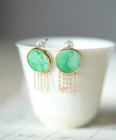 Loose Green Sterling Silver Overgild Jade Tassel Stud Earrings Loose Green Sterling Silver Overgild Jade Tassel Stud Earrings