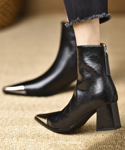 Boutique Black Cowhide Leather Splicing Chunky Boots Pointed Toe Boutique Black Cowhide Leather Splicing Chunky Boots Pointed Toe