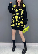 Schwarzer Patchwork-Strickpullover, mittellanges Kleid mit Rüschen, O-Ausschnitt, Herbst