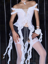 TARUXY Aushöhlen Spitze Crop Top Frauen Sexy Off Schulter Bodycon Verband Schlank Tank Tops Damen 2024 Falten Lace-up t-shirts Femme