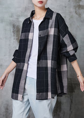 Boho Schwarz Oversized Plaid Baumwollhemd Tops Frühling