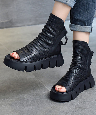 Schwarze Stiefel Plateau Rindsleder Peep Toe 2025 Neu  Schwarze Stiefel Plateau Rindsleder Peep Toe 2025 Neu