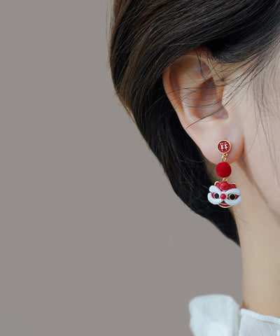Original Design Red Copper Orange Silk Velvet Lion Dance Drop Earrings Original Design Red Copper Orange Silk Velvet Lion Dance Drop Earrings