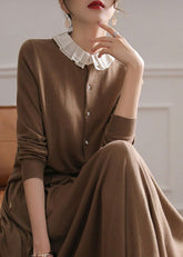 Frauen Kaffee O-Ausschnitt Rüschen Patchwork Kaschmir Strickjacken Frühling