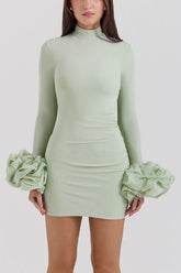 Minikleid mit Rüschen, Patchwork, langen Ärmeln und hohem Halsausschnitt