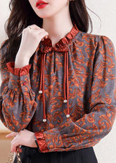 Retro Orange Rüschen Print Tops Langarm