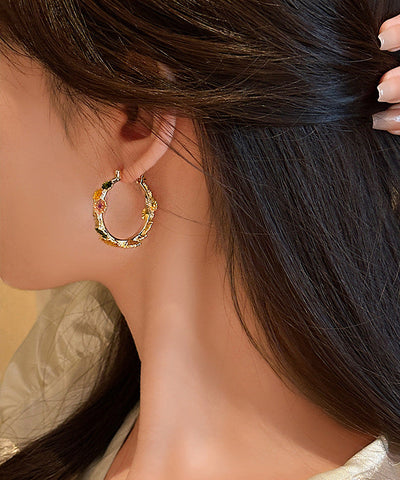 Oversize Gold Copper Alloy Floral Drip Glaze Hoop Earrings Oversize Gold Copper Alloy Floral Drip Glaze Hoop Earrings