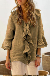 Lässige, einfarbige Blusen mit Rüschen und V-Ausschnitt für den Alltag (7 Farben)