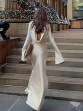 Flowy Stain Dress Boatneck Rufflles Sleeves Draped Back Prom Maxi Dresses