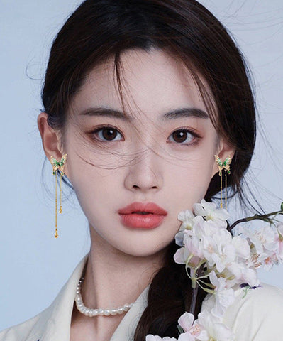 Skinny Green Sterling Silver Alloy Butterfly Pearl Tassel Drop Earrings Skinny Green Sterling Silver Alloy Butterfly Pearl Tassel Drop Earrings