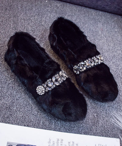 Black Khaki Mink Hair Boutique Splicing Zircon Flat Shoes Black Khaki Mink Hair Boutique Splicing Zircon Flat Shoes