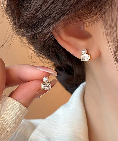 Pendientes de botón de perla dorada de plata esterlina de moda  Pendientes de botón de perla dorada de plata esterlina de moda