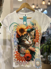 Camiseta con cuello redondo y estampado de gato