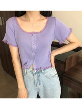 O Neck Ruffles Short Sleeve T Shirt Women Summer Casual Button Crop Top Basic Blue Pink T Shirt Tops