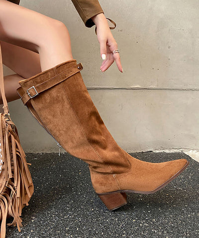 Botas gruesas de piel de vaca marrón con diseño de empalme de moda  Botas gruesas de piel de vaca marrón con diseño de empalme de moda