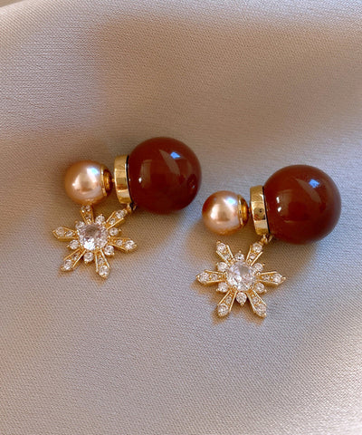New Red Copper Zircon Pearl Snowflake Stud Earrings New Red Copper Zircon Pearl Snowflake Stud Earrings
