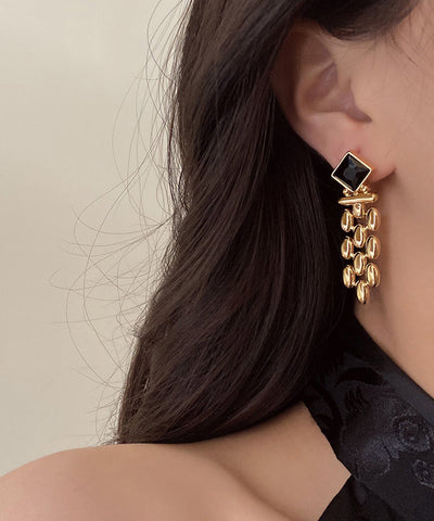 Modern Black Sterling Silver Overgild Gem Stone Tassel Drop Earrings Modern Black Sterling Silver Overgild Gem Stone Tassel Drop Earrings