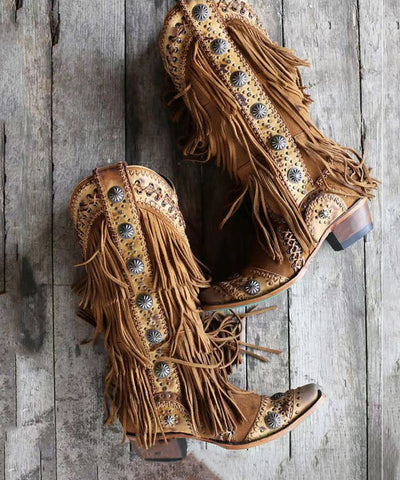 Brown Tassel Embroidery Splicing Chunky Cowboy Boots Brown Tassel Embroidery Splicing Chunky Cowboy Boots
