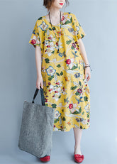 Damen gelbe Midi-Leinenkleider trendige Plus-Size-Reisekleidung Vintage-Rücken offen florale Baumwollkleider