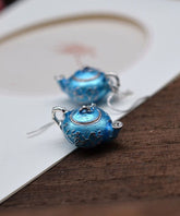 Chinese Style Blue Sterling Silver Cloisonne Plum Blossom Teapot Hoop Earrings