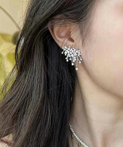 Modern Silk Sterling Silver Zircon Pearl Stud Earrings Modern Silk Sterling Silver Zircon Pearl Stud Earrings