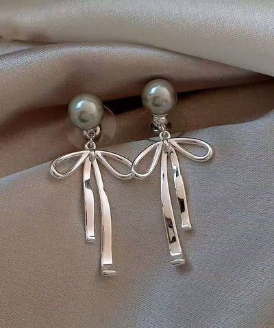 Fine Grey Copper Alloy Pearl Bow Drop Earrings Fine Grey Copper Alloy Pearl Bow Drop Earrings