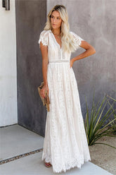 Lace Flutter Sleeve V-Neck Maxi Dress