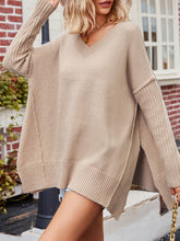 Suéteres de punto con mangas de murciélago, mangas largas, color liso, escote en V y abertura lateral