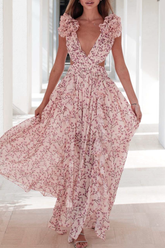 Vestido sexy sin mangas con escote en V y volantes con estampado floral