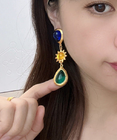 Pendientes de gota de agua con cristales esmaltados de colores y plata de ley dorada retro  Pendientes de gota de agua con cristales esmaltados de colores y plata de ley dorada retro