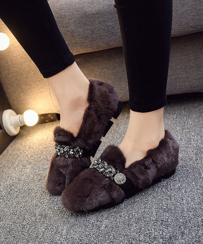Black Khaki Mink Hair Boutique Splicing Zircon Flat Shoes Black Khaki Mink Hair Boutique Splicing Zircon Flat Shoes