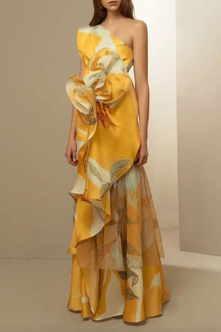 Envío en 24 horas/Elegante vestido de noche con cuello oblicuo y volantes florales  Envío en 24 horas/Elegante vestido de noche con cuello oblicuo y volantes florales