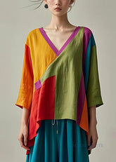 Böhmisches gelbes asymmetrisches Patchwork-Leinenoberteil mit Armbandärmeln