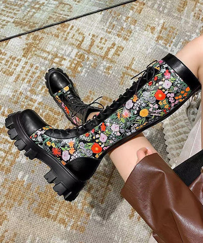 Black Embossed Splicing Chic Platform Boots Lace Up Black Embossed Splicing Chic Platform Boots Lace Up