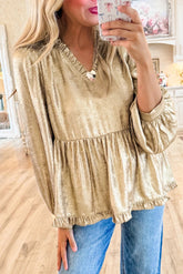 Velvet Frill V Neck Puff Sleeve Babydoll Blouse