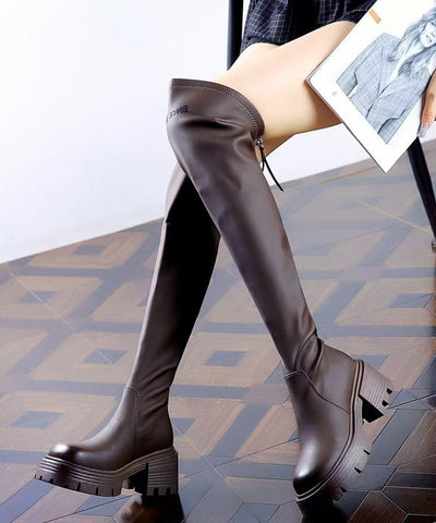 Coffee Splicing Zippered Chic Chunky Heel Knee Boots Coffee Splicing Zippered Chic Chunky Heel Knee Boots