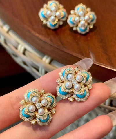 Oversize Colorblock Alloy Pearl Zircon Turquoise Stud Earrings Oversize Colorblock Alloy Pearl Zircon Turquoise Stud Earrings