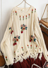 Floral Beige Tasseled Hollow Out Strickpullover Frühling