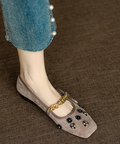 French Apricot Square Toe Bow Nail Bead Flats Shoes French Apricot Square Toe Bow Nail Bead Flats Shoes