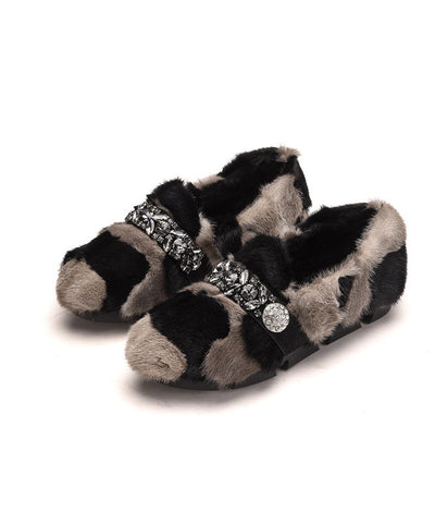 Black Khaki Mink Hair Boutique Splicing Zircon Flat Shoes Black Khaki Mink Hair Boutique Splicing Zircon Flat Shoes