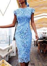 Vestidos largos de encaje floral con cuello redondo azul de moda sin mangas