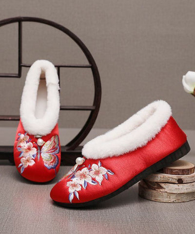 Chinese Style Red Fuzzy Wool Lined Embroidery Flats Shoes Chinese Style Red Fuzzy Wool Lined Embroidery Flats Shoes