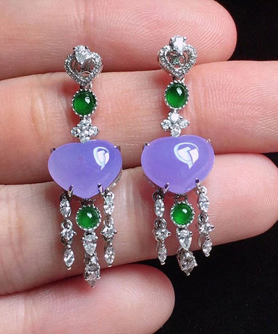 Fine Purple Sterling Silver Inlaid Zircon Love Jade Tassel Drop Earrings Fine Purple Sterling Silver Inlaid Zircon Love Jade Tassel Drop Earrings