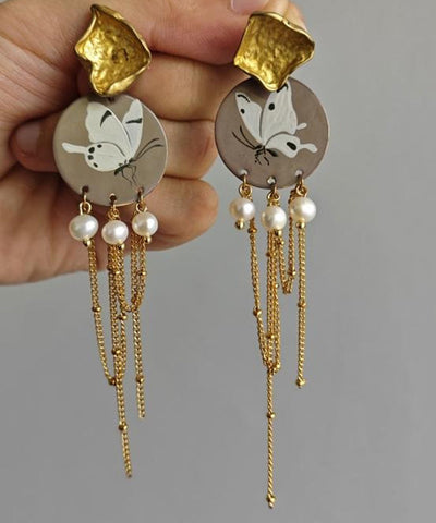Original Design Gold Sterling Silver Overgild Pearl Butterfly Tassel Drop Earrings Original Design Gold Sterling Silver Overgild Pearl Butterfly Tassel Drop Earrings
