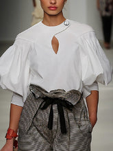 Half Sleeves Loose Buttoned Elasticity Hollow Pleated Solid Color Split-Joint Round-Neck Blouses&Shirts Tops