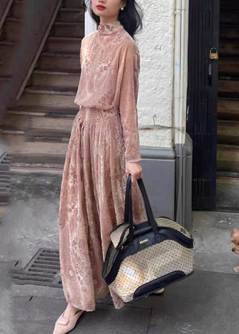 French Turtleneck Print Flattering Silk Velvet Long Dresses Fall French Turtleneck Print Flattering Silk Velvet Long Dresses Fall