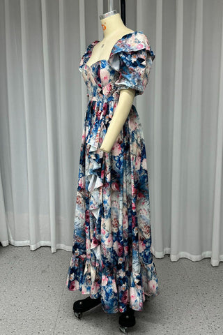 Vestidos de noche sexis con estampado floral, volantes, abertura y escote cuadrado  Vestidos de noche sexis con estampado floral, volantes, abertura y escote cuadrado