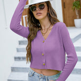 Einfarbige Strickjacke mit langen Ärmeln für Damen – V-Ausschnitt, einreihig, kleine hohe Taille, Oberbekleidung