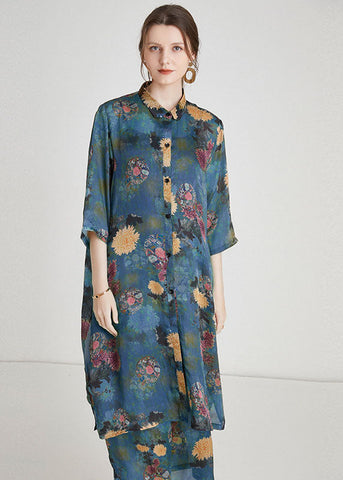 Conjunto de dos piezas de gasa con abertura lateral y estampado azul de moda para verano  Conjunto de dos piezas de gasa con abertura lateral y estampado azul de moda para verano